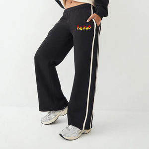 Jogging amples à taille élastique personnalisables pour femmes, 100 % coton, couleur noire unie avec bande blanche, respirants - Product Image 1