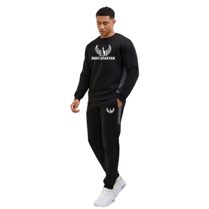 Mens Black Crew Neck Tracksuit Casual <b>Athletic</b> Gymwear Sweatshirt and Jogger Set Winter Sports Activewear Streetwear Comfortable - Product Image 1