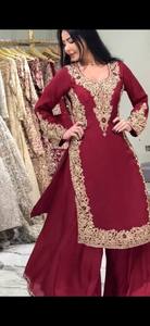 Ensemble Salwar Kameez en Faux Georgette Brodé Bourgogne avec Dupatta, Tenue de Fête et de Mariage pour Femmes, Inde, Pakistan - Product Image 3