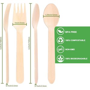 Ensemble de couverts en bois jetables, 200 pièces, biodégradables, respectueux de l'environnement, longueur 6,3 pouces, 100 fourchettes compostables - Product Image 3