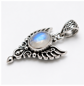 ainbow Moonstone Silver Pendant, Sterling Silver Wing Pendant, Blue Flash Moonstone <b>Necklace</b>, Gothic Angel Pendant, - Product Image 3