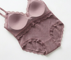 Ensemble soutien-gorge sans armatures et culotte hipster pour femme avec dentelle, taille mi-haute, en coton tricoté et élasthanne, couleur unie élégante - Product Image 2