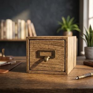 Boîte à tiroirs en bois rustique avec poignée en laiton, forme rectangulaire, durable, pour rangement à domicile ou au bureau - Product Image 1