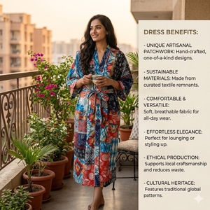 Kimono de algodón estilo boho con patchwork para mujer, manga larga, estampado multicolor, con cinturón, ropa de estar por casa, hecho a mano, cubrebaño de algodón. - Product Image 3