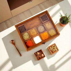Caja de especias Masala hecha a mano de madera, caja de especias india con 12 compartimentos, decoración de cocina - Product Image 3