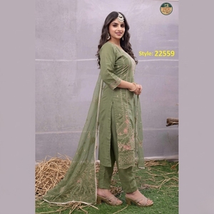 Ensemble de salwar kameez vert olive brodé pour femmes, tenue ethnique de créateur, pantalon et dupatta, robe de soirée pour mariage - Product Image 1