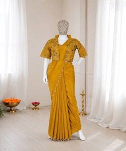 Yellow <b>Saree</b> <b>With</b> Embroidered <b>Jacket</b> Women's Traditional Wedding Ethnic Wear Floor Length Regular Fit Ready To Wear 82846 BB-59 - Product Image 3