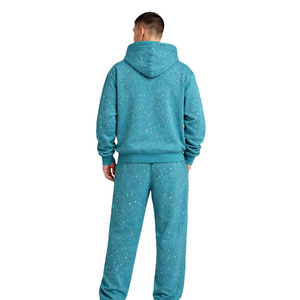 Men's Teal Rhinestone Hooded Tracksuit Full Length Casual Jogger Set Side Pockets Zipper Fly Regular Fit Autumn Wear - Product Image 2