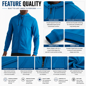 Sudadera con capucha y cremallera para hombre, azul sólido, de forro polar, corte regular, informal, para otoño, 100% algodón, corte regular, alta calidad - Product Image 6