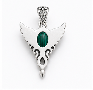 Malachite Silver Pendant, Winged Angel Pendant, 925 Sterling Silver <b>Necklace</b>, Green Malachite Gemstone Pendant Spiritual Jewelry - Product Image 2