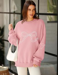 Sudadera Rosa Oversize con Cuello Redondo y Diseño de Lazo Bordado, Top Casual de Algodón Tejido para Mujer, Otoño - Product Image 4
