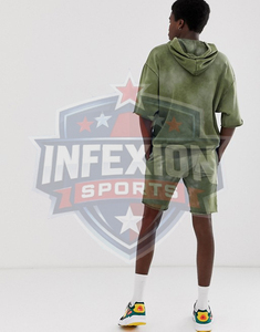 Ensemble short et sweat à capuche décontracté pour homme, vert délavé, coupe ample en coton, survêtement d'été avec poches latérales et taille élastique - Product Image 3