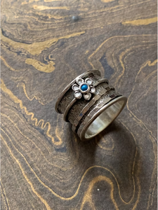 Dainty <b>Turquoise</b> Gemstone Floral Textured Wide Band <b>Ring</b> - Handmade Collection Fine Jewelry for Everyday Wear - Product Image 5