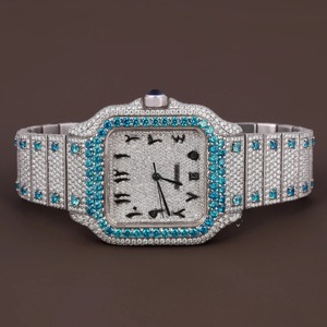 Reloj Cronógrafo Personalizado con Incrustaciones de Diamantes, Correa Azul y Blanca para Hombre, Diamantes Moissanite VVS, Esfera Árabe, Estilo Hip Hop - Product Image 1