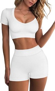 Conjunto Deportivo Sin Costuras Acanalado para Mujer: Top Corto de Manga Corta y Shorts de Fitness de Cintura Alta Elásticos para Gimnasio - Product Image 4