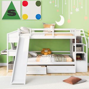 Letto a Castello Bianco con Cassetti Portaoggetti, Scala, Scivolo e Scrivania con Cassetti e Mensole per Bambini - Product Image 3