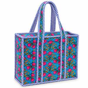 Floral Canvas <b>Tote</b> Bag <b>with</b> Candy Stripe Trim <b>Zipper</b> Closure Classic Style Large Capacity High Quality All Seasons Shopping Bag - Product Image 1