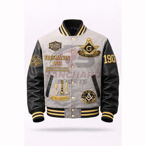 Veste universitaire personnalisée d'inspiration maçonnique – Corps en laine de qualité supérieure avec manches en cuir PU et symboles brodés - Product Image 1