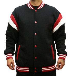 Chaqueta Varsity para Hombre, Talla Grande, Negra con Rayas Rojas y Blancas en las Mangas, Estilo Preppy, Cierre de Cremallera, para Otoño - Product Image 1