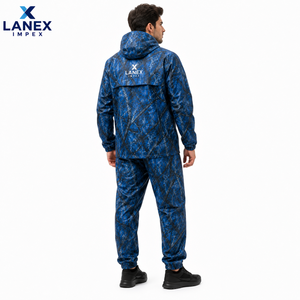 Blue Real Tree Sublimation Men's <b>Waterproof</b> Jungle Camouflage Hooded Rain Suit <b>Jacket</b> and Pants Set Outdoor Sporty Style Winter - Product Image 4