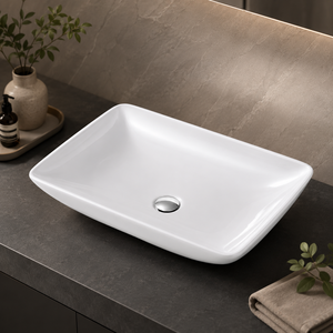Lavabo rectangulaire en céramique SKYTOUCH 600x375x110mm pour toilettes, montage sur plan, finition polie, design minimaliste à trou unique - Product Image 1