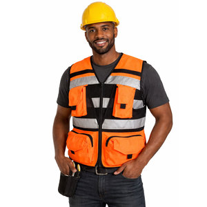 Men's <b>Orange</b> Reflective Safety Vest With Pockets Breathable Zipper Closure V-Neck Casual Work Outerwear Summer Wear - Product Image 2