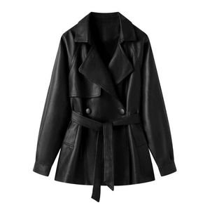 <b>Women</b> PU Leather Logo Breathable Double Breasted Waist-Tied Eco-Friendly Jacket <b>Women</b> Loose Black Brown Woven <b>Coat</b> <b>Spring</b> wear - Product Image 3
