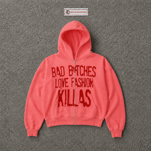 Sweat-shirt à capuche surdimensionné rose corail avec imprimé graphique rouge, streetwear unisexe, fermeture éclair intégrale, pour hommes et femmes - Product Image 5