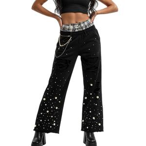 Custom High Waist Black Wide Leg Pants With Pearl Decoration Ripped Distressed Street Style Men's Trousers <b>Elastic</b> Waist By SHY - Product Image 5