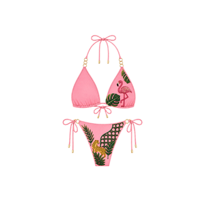 <b>Stripped</b> Pattern Beaded Bikini with Custom Embroidery Halter Neckline with Drawstring Bottom Cotton/Spandex <b>Fabric</b> Swimsuit Set - Product Image 3