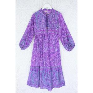 Women Purple Boho Paisley Print Plain Dyed Natural Maxi Dress <b>Bell</b> Sleeve V-neck Loose Fit Modern 100% Linen Eco-Friendly - Product Image 2