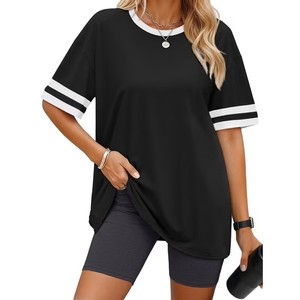 T-shirt Homme Col Rond Noir Coupe Droite Manches Courtes en Maille Lourde Teinte en Fil avec Bordure Blanche Contrastante Couleur Unie Décontracté - Product Image 1