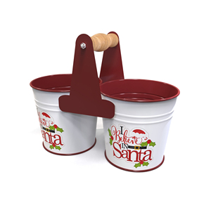 I BELIEVE IN SANTA Twin Bucket Caddy Metal Storage Holder with Wooden Handle <b>Red</b> and White Christmas Design - Product Image 1