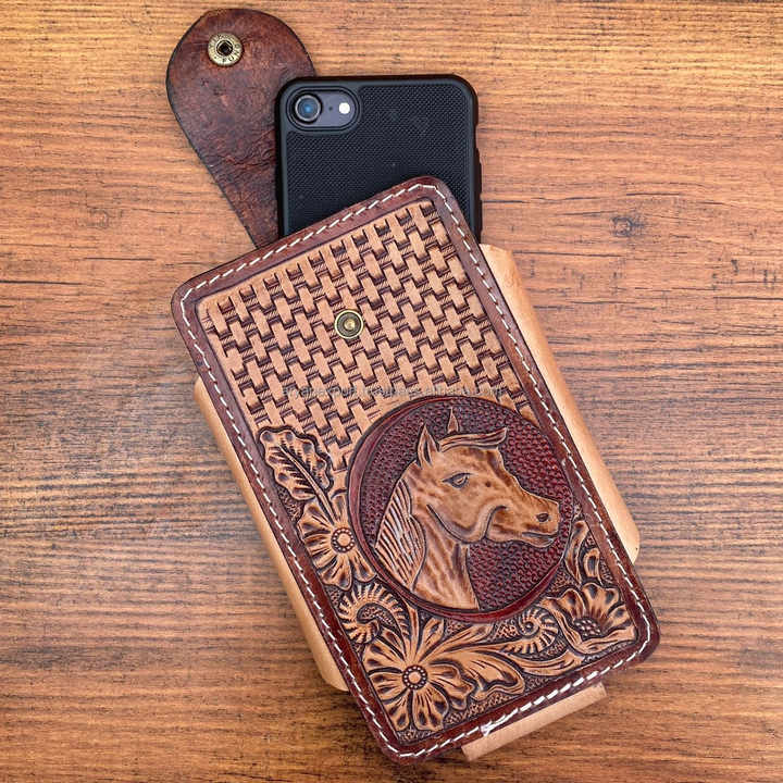 Western Cowboy Hand Tooled Leather Mobile Phone Case Luxury Cellphone Holder Case Portable Genuine Leather Phone Holster for Men