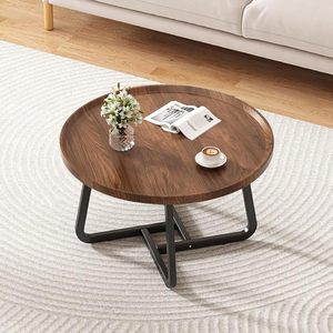 Table basse ronde moderne en bois avec pieds croisés en métal noir, table centrale rustique en bois grainé pour salon et chambre - Product Image 1