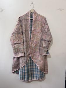 Manteau long vintage fait main en tissu Kantha imprimé au bloc, taille unique - Product Image 3