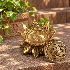 Brûleur d'encens Lotus en laiton de qualité supérieure Kraft World, fait main, style chinois religieux, diffuseur d'aromathérapie décoratif toutes saisons - Product Image 2