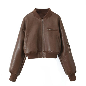 Blouson bomber en cuir véritable pour femme, fermeture éclair courte, col rabattu, manches longues, style automne - Product Image 5