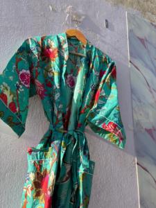 Bata Kimono de Algodón 100% con Estampado Floral, Cuello en V, Cierre con Cordón, Transpirable, Largo hasta el Tobillo, para Mujer, Ropa de Dormir, Bata de Baño, Ropa de Estar por Casa - Product Image 1