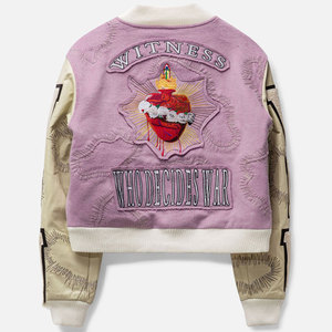 Men's Pink Varsity <b>Jacket</b> With Embroidered Stained Glass Design And Letter Sleeve Patch Streetwear Style Autumn Wear - Product Image 4