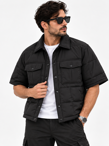 Men's Black Short Sleeve <b>Puffer</b> <b>Jacket</b> Boxy <b>Crop</b> Fit Turn-down Collar Chest Pockets Front Windproof Casual Autumn Wear - Product Image 2