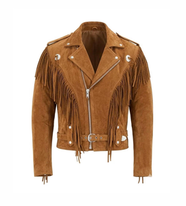 New Design Men's Western Cowboy Fringe Motorcycle Handmade Tan <b>Brown</b> Suede <b>Leather</b> <b>Jacket</b> Wholesale Manufacturer - Product Image 1