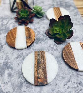 Thermoset <b>Resin</b> Caster Modern Round Wood Coaster Set With Marble Base Non Slip Mats & Pads 6 Mm Thickness Decor Coasters - Product Image 1