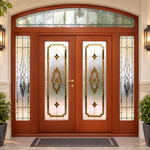 Puerta Doble de Entrada de Madera Personalizada con Paneles de Vidrio Teñido y Travesaño Arqueado para Exteriores de Villas Residenciales de Lujo - Product Image 1