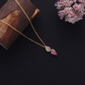 IGI Certified Lab Grown Fancy Yellow & <b>Pink</b> Pear Shape Diamond Pendant in 9K Yellow / White & Rose Gold Two Stone Drop Pendant - Product Image 2
