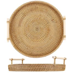 Handwoven Rattan Serving Tray with Handles Rustic Woven Decorative <b>Basket</b> Tray for Coffee <b>Table</b> Kitchen Dining Ottoman & Home - Product Image 5