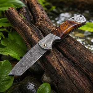 Folding Pocket Knife Stainless Steel Blade Straight <b>Back</b> Thumb Knob Artistic Engraving Wood Handle Camping Utility DIY Grade OEM - Product Image 1
