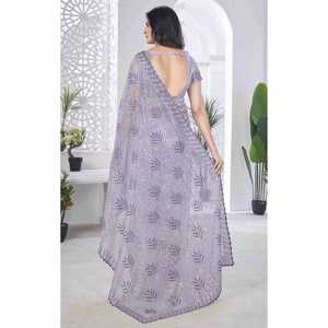 Sari Largo de Seda para Mujer, Diseño de RV Creation, para Fiestas, con Bordado de Hilo Rosa, Aspecto Elegante - Product Image 4