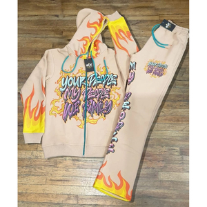 Conjunto de Chándal Personalizado con Estampado de Llamas, Sudadera con Capucha Unisex y Pantalones Acampanados, Ropa Urbana de Dos Piezas a Juego, Diseño de Grafiti con Colores Personalizados - Product Image 3