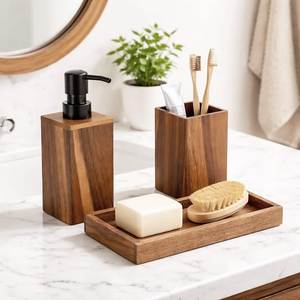 <b>Wooden</b> <b>Bathroom</b> Storage Tray Set Rectangle Minimalist Style Two Piece Natural Finish Convenient Organizer for <b>Bathroom</b> Decor - Product Image 2